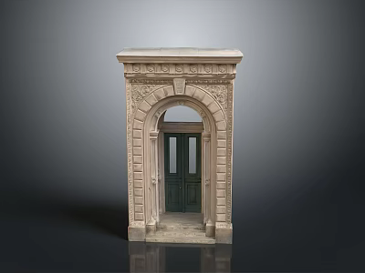 Scenic Landscape Featuring Classical Stone Archway With Dark Green Door And Carved Details 3d model