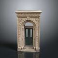 Scenic Landscape Featuring Classical Stone Archway With Dark Green Door And Carved Details