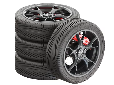 Car Tires Stacked With Black Alloy Wheels Red Brake Calipers And Tread Pattern 3d model