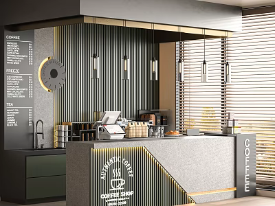 Modern Café Interior With Coffee Prices Wall Hanging Lights Golden Accents And Gray Countertop 3d model