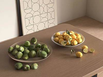 Fresh Green Limes and Yellow Lemons on Plates with Slices on Wooden Table 3d model