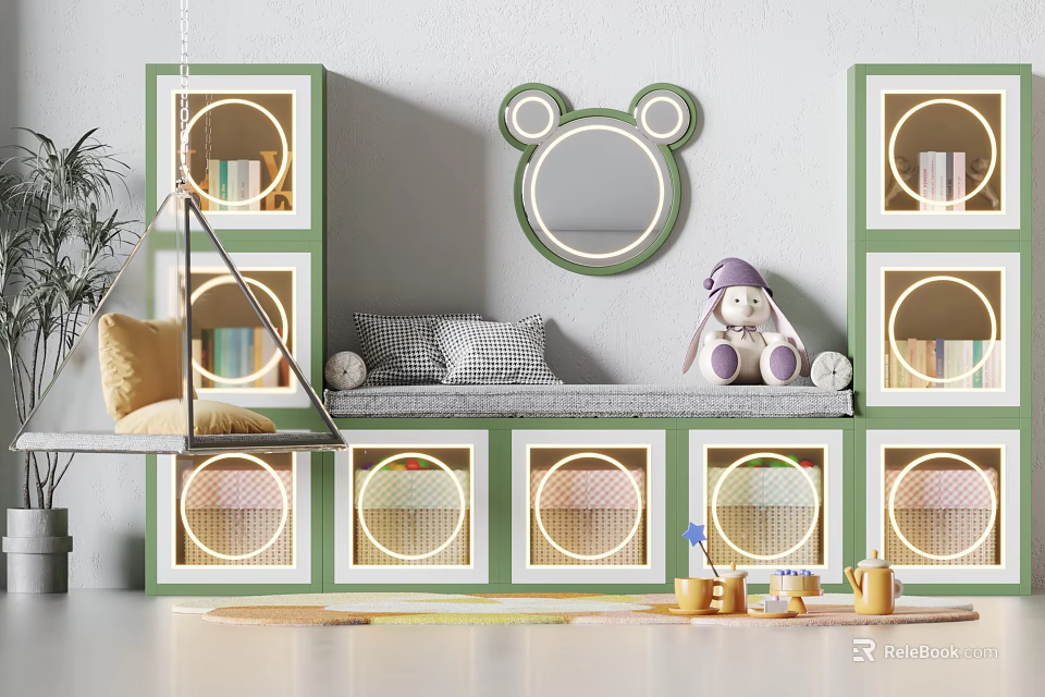 Green and White Entryway Cabinet Sideboard with Circular Cutout Design Mirror Books and Plant Nearby 3d model 