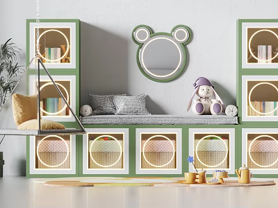 Green and White Entryway Cabinet Sideboard with Circular Cutout Design Mirror Books and Plant Nearby 3d model