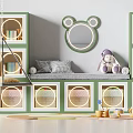Green and White Entryway Cabinet Sideboard with Circular Cutout Design Mirror Books and Plant Nearby