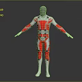 Humanoid Character In Red And White Suit With Green Accents And Biomechanical Design