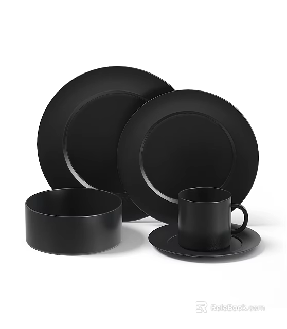 Black Plates Decorative Dinnerware Set Including Cups Bowls For Modern Table Decoration 3d model 