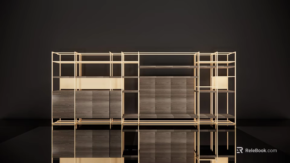 Modern Display Shelves With Golden Metal Frame And Wooden Panel Storage Design 3d model 
