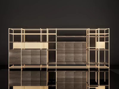 Modern Display Shelves With Golden Metal Frame And Wooden Panel Storage Design 3d model