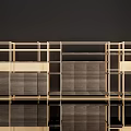 Modern Display Shelves With Golden Metal Frame And Wooden Panel Storage Design