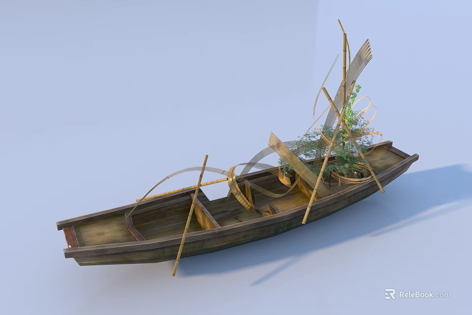 Unique Art Installation Displaying Wooden Boat With Greenery And Decorative Poles 3d model 
