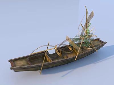 Unique Art Installation Displaying Wooden Boat With Greenery And Decorative Poles 3d model