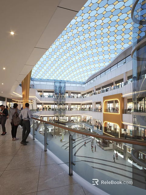 Modern Shopping Mall Interior With Honeycomb Ceiling Multi Level Escalators And Shoppers 3d model