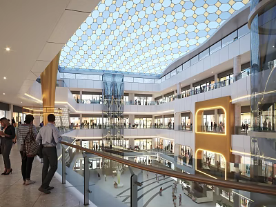 Modern Shopping Mall Interior With Honeycomb Ceiling Multi Level Escalators And Shoppers 3d model