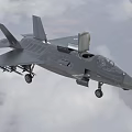 Modern Gray Fighter Jet in Flight Front View with Mounted Weapons and Cloudy Sky 3d model