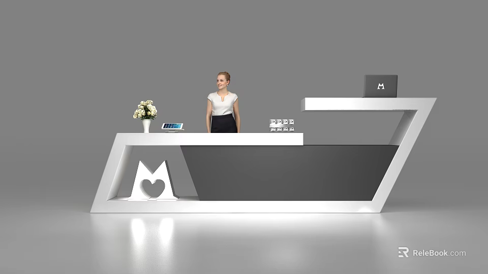 Modern Reception Desk Interior With Staff Flower Vase Tablet Brand Logo And Computer 3d model 