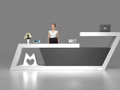 Modern Reception Desk Interior With Staff Flower Vase Tablet Brand Logo And Computer 3d model
