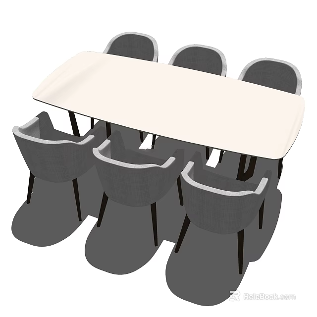 Modern Dining Table Set With White Table Six Gray Chairs Backrest And Dark Legs 3d model