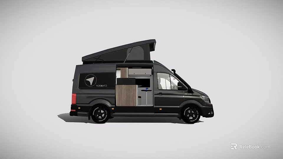 Modern Black Camper Van With Open Roof Top And Wooden Side Panel 3d model 