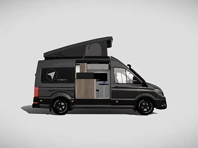 Modern Black Camper Van With Open Roof Top And Wooden Side Panel 3d model
