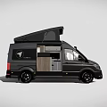 Modern Black Camper Van With Open Roof Top And Wooden Side Panel