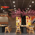 Japanese Restaurant Interior Design With Koi Fish Wave Mural Lanterns And Wooden Tables