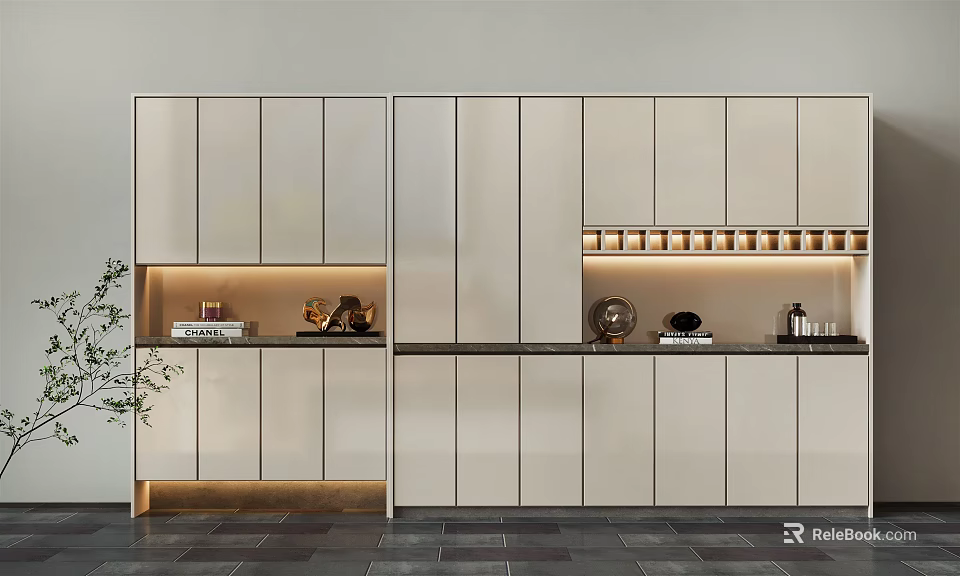 Modern Entryway Cabinet And Side Cabinet With LED Lighting Decorative Items And Sleek Countertop 3d model 