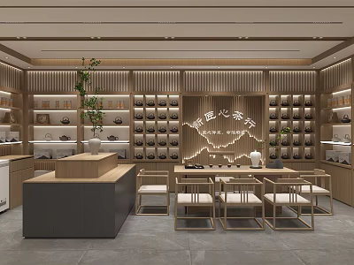 Traditional Chinese Tea House Interior With Wooden Decor Display Shelves Tables Chairs And Green Plants 3d model