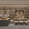 Traditional Chinese Tea House Interior With Wooden Decor Display Shelves Tables Chairs And Green Plants