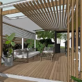 Courtyard Garden With House Exterior Wooden Windows Stone Pathway And Green Plants