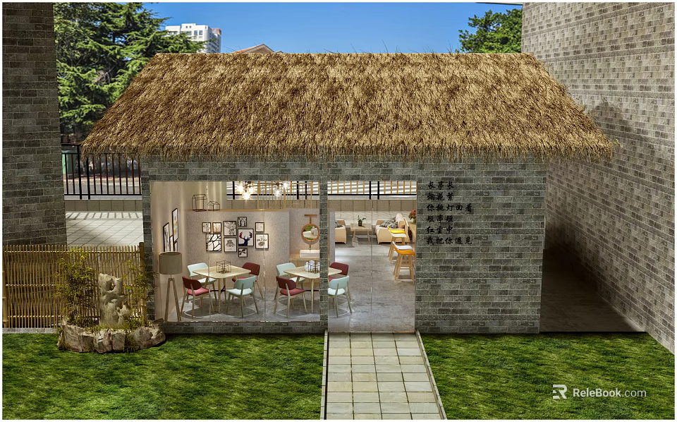 Traditional Guesthouse Building With Thatched Roof Stone Brick Walls And Outdoor Dining Area 3d model 