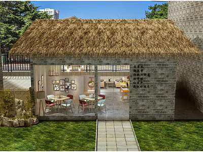Traditional Guesthouse Building With Thatched Roof Stone Brick Walls And Outdoor Dining Area 3d model