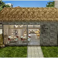 Traditional Guesthouse Building With Thatched Roof Stone Brick Walls And Outdoor Dining Area