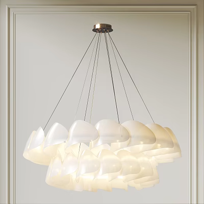 Modern Elegant Chandelier With White Petal Shaped Shades Suspended By Metal Wires 3d model