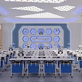 Modern School Smart Classroom With Robots Organized Desks Large Screen And Geometric Lights