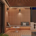 Rooftop Garden Design With Cozy Sofa Fireplace Wooden Ceiling And Lush Plants