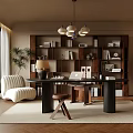 Modern Cozy Study Room Interior With Built in Bookshelves Wooden Desk And Pendant Lights