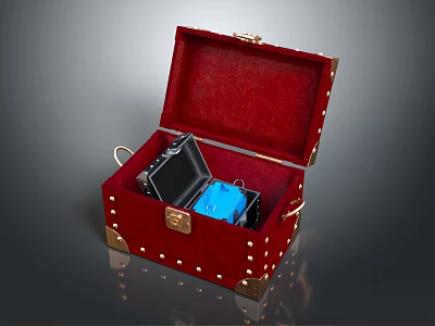 Open Red Trunk With Golden Lock Rivets And Red Interior Containing Device And Blue Case 3d model
