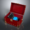 Open Red Trunk With Golden Lock Rivets And Red Interior Containing Device And Blue Case 3d model