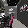 Modern Gaming Cafe Interior With ZOWIE GEAR DYAC2 Monitors And Pink Black Gaming Chairs