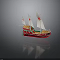 Traditional Sailing Ship With Red Hull Green Bottom And White Sails Featuring Red Star Symbols