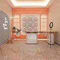 Public Office Space With Orange Walls Circular Grid Decorations White Reception Desk And Green Plants
