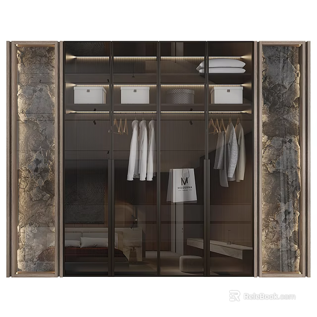 Modern Wardrobe Interior Design With Glass Doors Hanging Clothes And Storage Boxes 3d model 