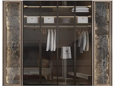 Modern Wardrobe Interior Design With Glass Doors Hanging Clothes And Storage Boxes 3d model