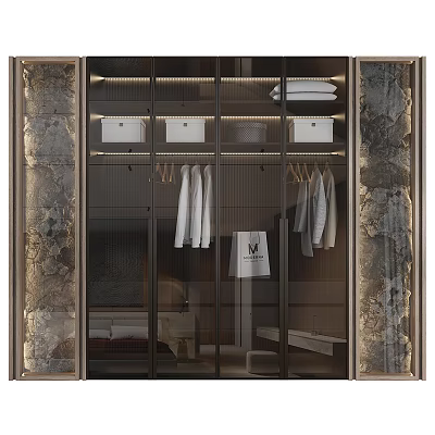 Modern Wardrobe Interior Design With Glass Doors Hanging Clothes And Storage Boxes 3d model