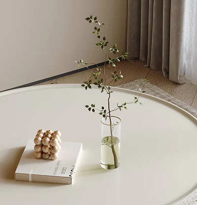 Modern Decorative Ornament Set with Glass Vase Green Foliage and Mushroom Ornaments on White Table 3d model