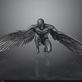 Winged Humanoid Sculpture In Metallic Finish Squatting With Spread Wings On Reflective Gray Surface