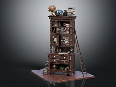 Vintage Wooden Bookcase with Multiple Shelves Books Globe Ladder and Decorative Carved Drawers 3d model