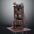 Vintage Wooden Bookcase with Multiple Shelves Books Globe Ladder and Decorative Carved Drawers