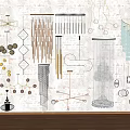 Various Designed Chandeliers Including Geometric Spiral Spherical Metal Hanging On Textured Wall With Wooden Floor