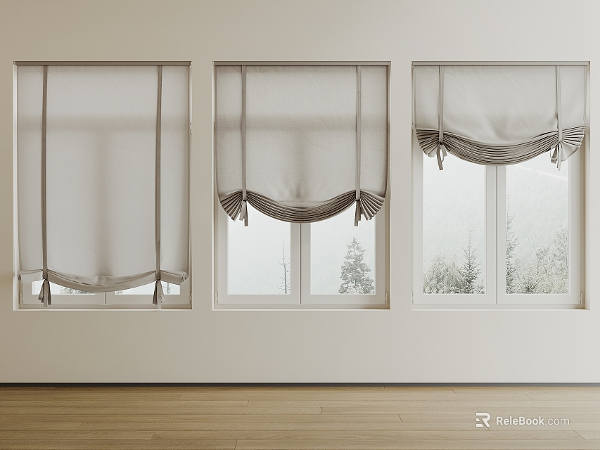 Roman Shades Adorn Windows In Minimalist Bright Interior With Natural View 3d model 